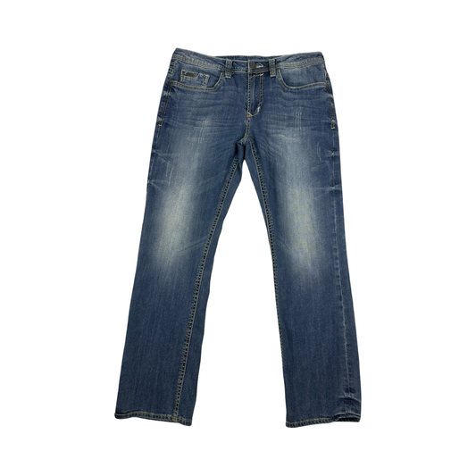 (34) buffalo denim straight leg light washed jeans